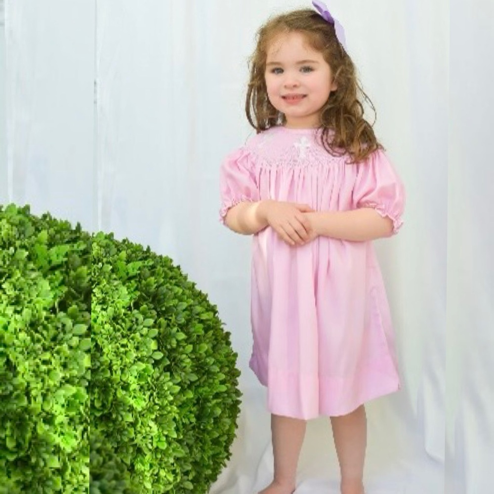 Silly Goose Smocked Cross Dress in Pink
